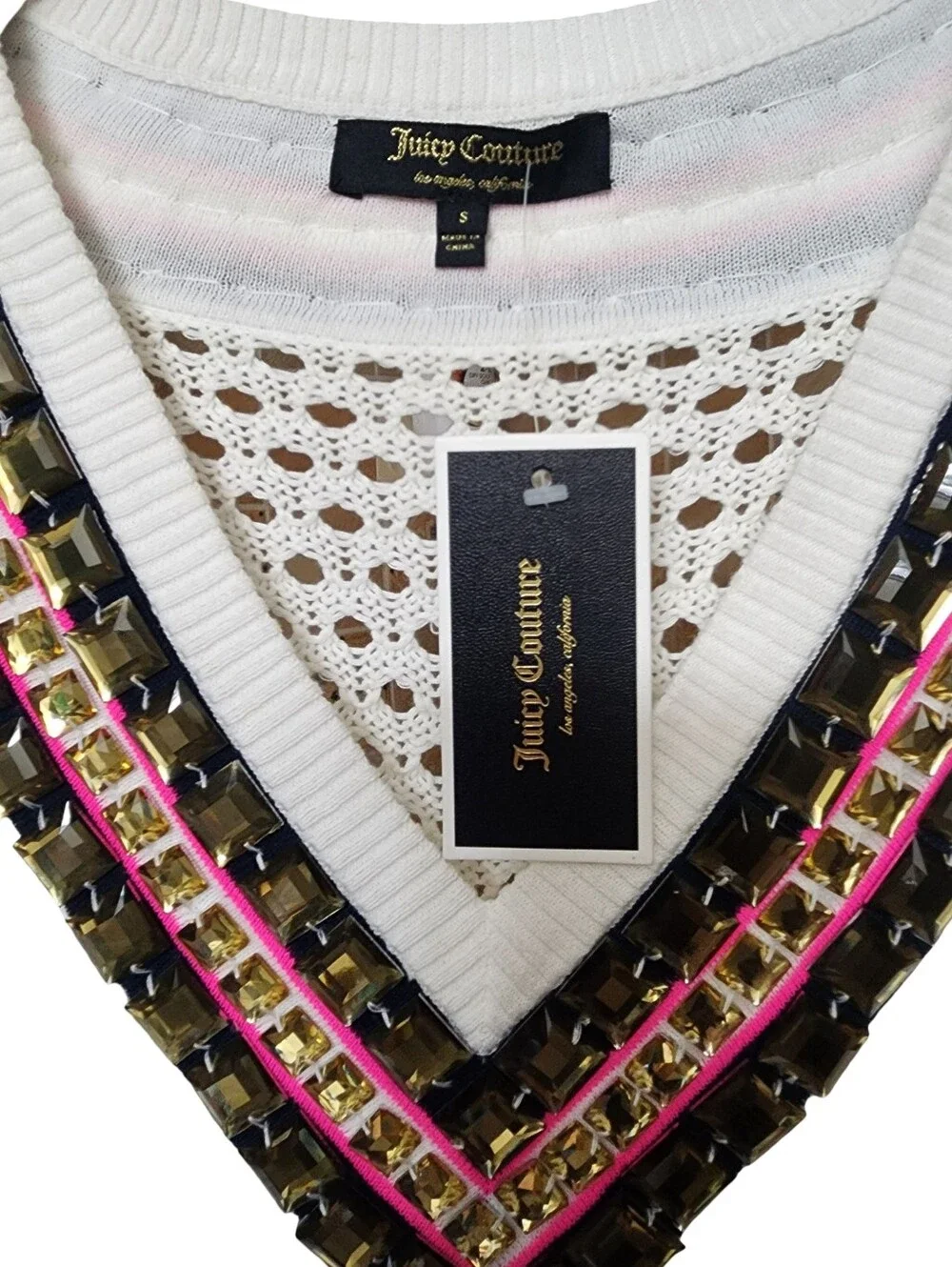 JUICY COUTURE Sweater White Open Knit V-Neck Embellished Cricket NWT Small